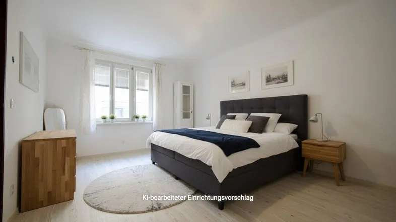 Helles Schlafzimmer mit modernem Doppelbett, Holzboden und Fenster mit Tageslicht.