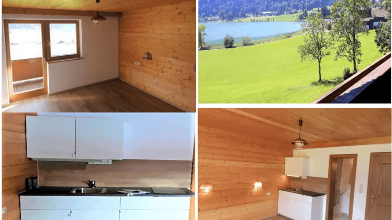 Collage zeigt ein helles Zimmer mit Holzvertäfelung, eine Küchenzeile und einen malerischen Blick auf See und Berge.