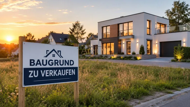 Modernes Einfamilienhaus mit Garage und angrenzendem Baugrundstück bei Sonnenuntergang