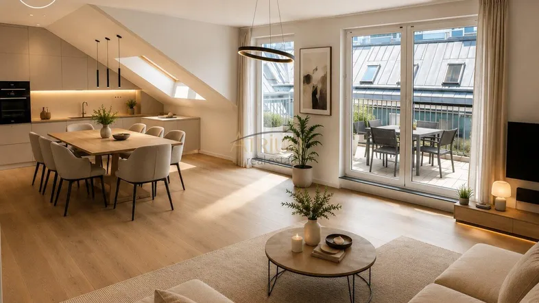 Moderner offener Wohn-Essbereich mit integrierter Küche, Holzboden und Zugang zur Dachterrasse.