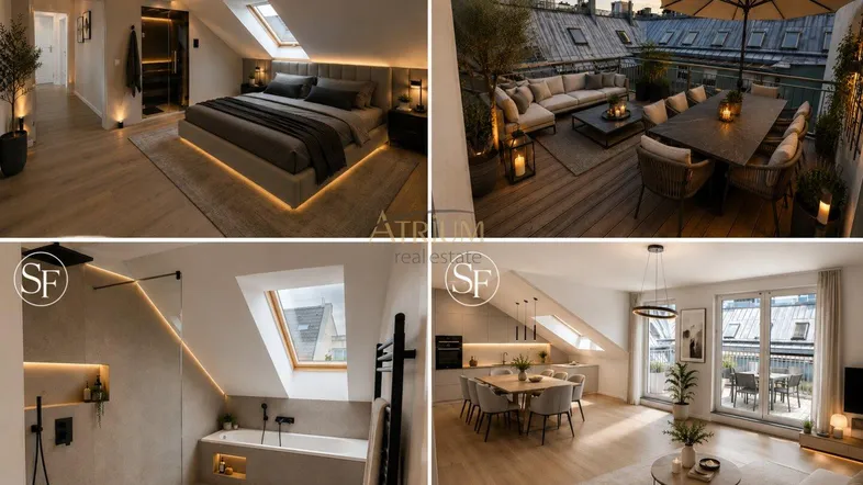 Moderne Dachgeschosswohnung mit Schlafzimmer, Bad, offenem Wohnbereich und großer Dachterrasse.