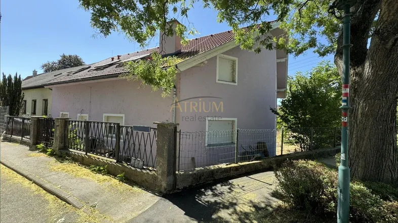Einfamilienhaus mit hellvioletter Fassade und Gartenbereich an einer ruhigen Straße gelegen.