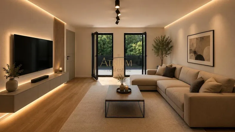 Modernes Wohnzimmer mit indirekter Beleuchtung, Holzboden und Zugang zu einem französischen Balkon.