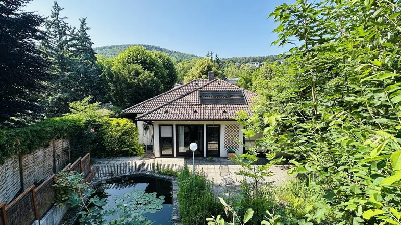 Idyllisches Einfamilienhaus mit Teich und üppigem Garten, umgeben von grünen Hügeln unter blauem Himmel.