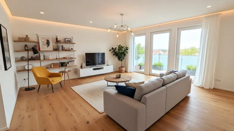 Helles und modernes Wohnzimmer mit Holzboden, großen Fenstern und direktem Zugang zum Außenbereich.