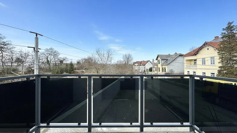Blick vom Balkon mit modernem Glasgeländer auf die umliegende Wohngegend unter blauem Himmel.