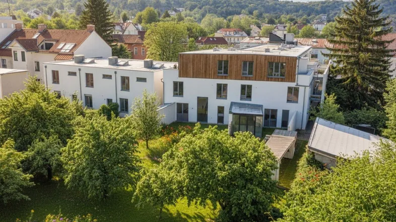 Moderne Wohnanlage mit weißer Fassade, Holzverkleidung und grüner Umgebung.