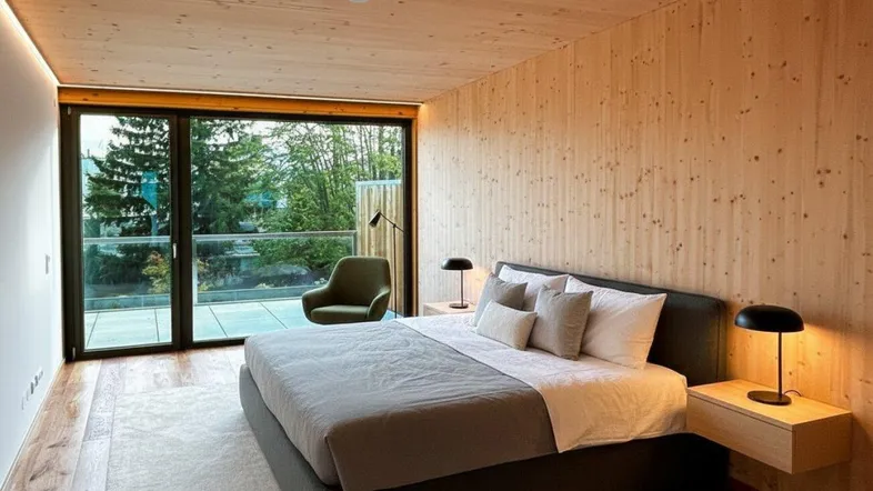 Helles Schlafzimmer mit Holzwänden und -decke, großen Fenstern und Zugang zur Terrasse.