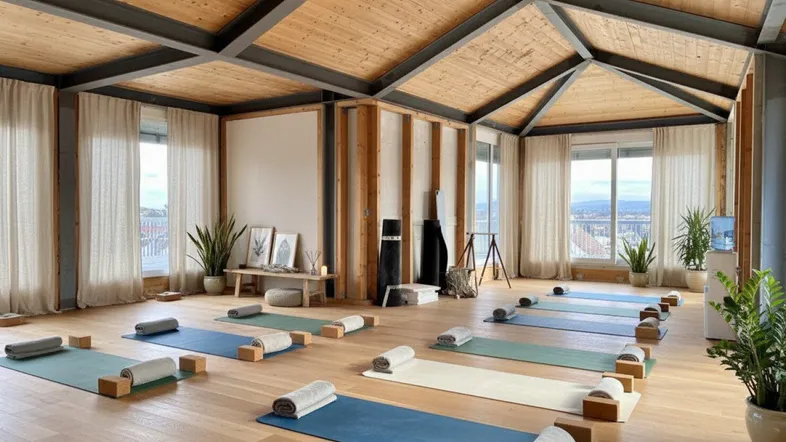 Heller Yogaraum mit Holzboden, sichtbaren Deckenbalken und großen Fenstern, die viel natürliches Licht hereinlassen.