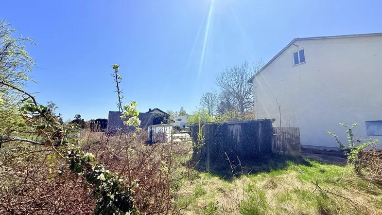 Sonniges Grundstück mit ungenutzter Fläche und Blick auf ein Gebäude, umgeben von Natur.