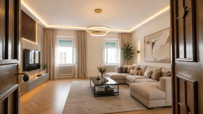 Modernes Wohnzimmer mit Fischgrätparkett, beiger Eckcouch und indirekter Beleuchtung.