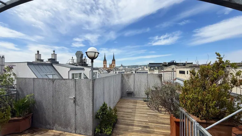 Geräumige Dachterrasse mit Holzboden, Pflanzen und weitem Blick über die Stadt mit Kirchtürmen.