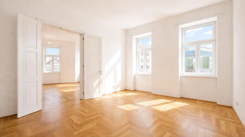 Helles, leeres Zimmer mit Fischgrätparkett und hohen Fenstern, das viel Tageslicht hereinlässt.