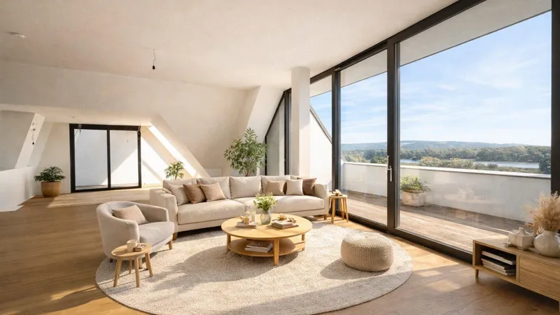 Helles, modern eingerichtetes Wohnzimmer mit großen Fensterfronten und Zugang zur Terrasse mit Seeblick.