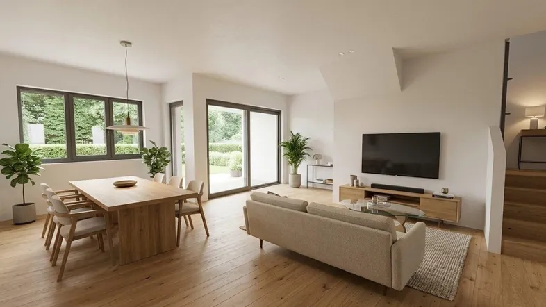 Heller, offener Wohn- und Essbereich mit Holzboden und Zugang zur Terrasse.