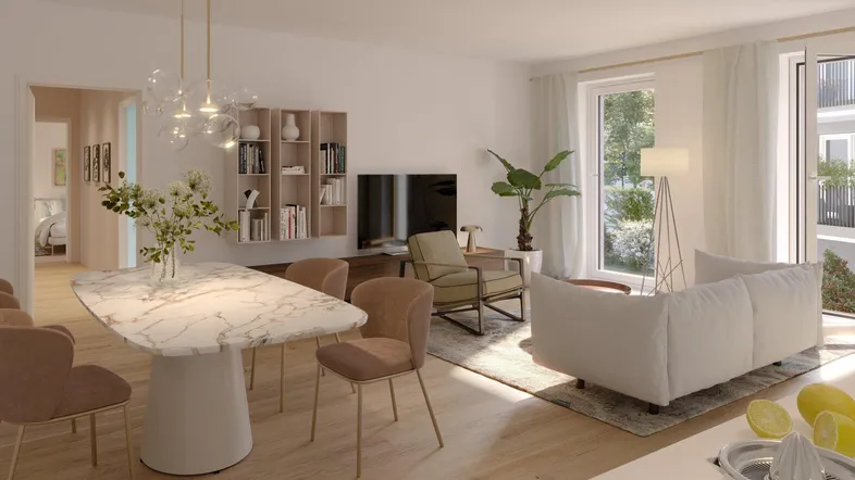 Heller, offener Wohn-Essbereich mit modernem Design, Holzboden und Blick ins Grüne.