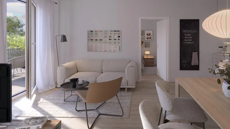 Heller, offener Wohn- und Essbereich mit modernem Design, Holzboden und Zugang zum Balkon.