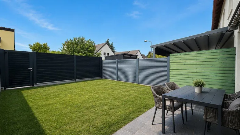 Gemütliche Terrasse mit Sitzgelegenheiten und angrenzendem Rasenbereich, umgeben von modernen Zäunen.