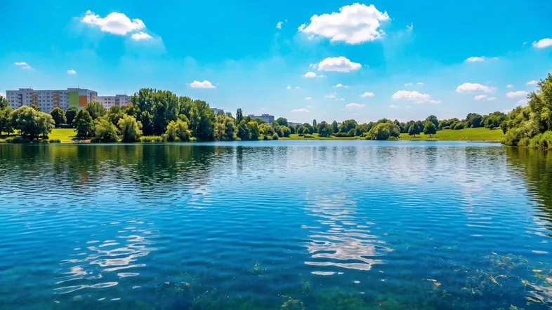 Blauer See mit grünen Bäumen und Gebäuden im Hintergrund unter einem strahlend blauen Himmel.