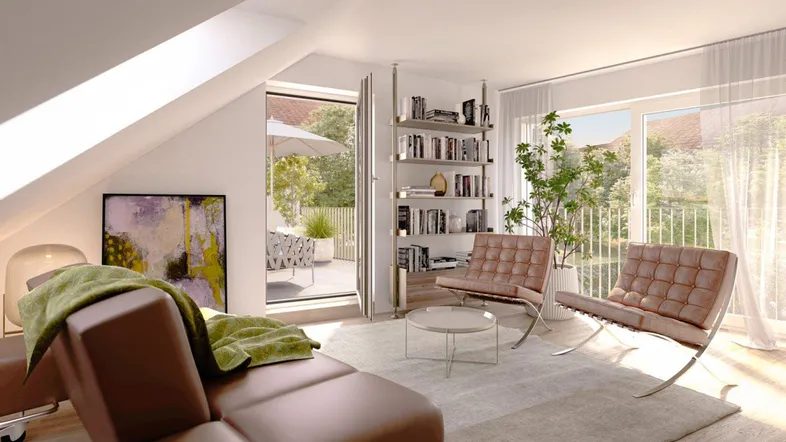 Helles, modernes Wohnzimmer mit Dachschräge, Zugang zur Terrasse und stilvollen Möbeln.