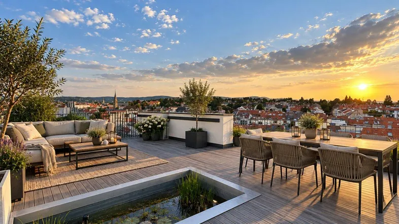 Große Dachterrasse mit stilvollen Gartenmöbeln, einem Teich und weitem Blick über die Stadt bei Sonnenuntergang.