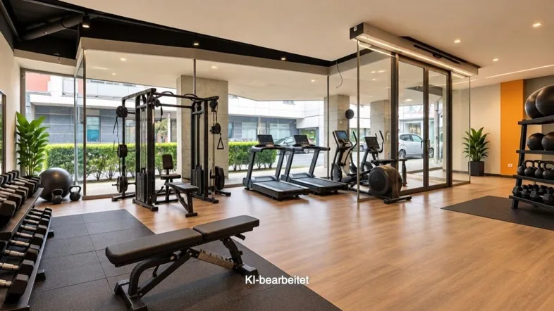 Moderner Fitnessraum mit verschiedenen Trainingsgeräten, großen Fenstern und Holzbodenoptik.