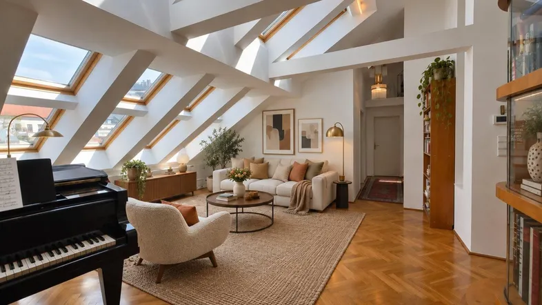 Helles, geräumiges Wohnzimmer mit Dachschrägen, großen Dachfenstern und einem Flügel.