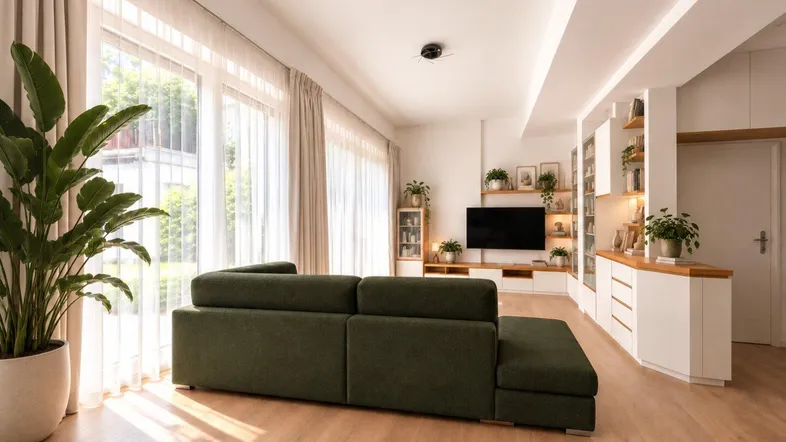 Helles Wohnzimmer mit großem Sofa, Holzboden und Blick ins Grüne durch bodentiefe Fenster.