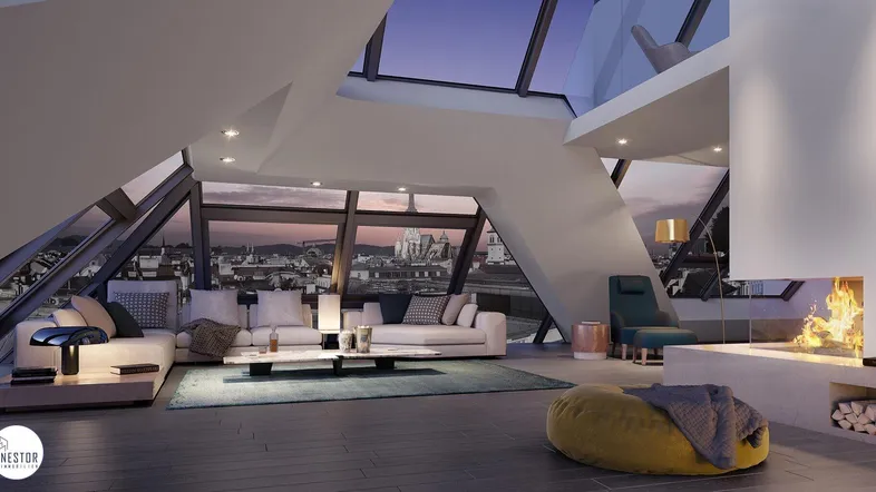 Geräumiges Wohnzimmer mit Kamin, großen Dachfenstern und Panoramablick über die Stadt bei Sonnenuntergang.