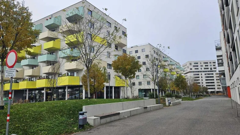 Moderne Wohngebäude mit farbigen Balkonen und einer gepflegten Außenanlage. Die Architektur ist zeitgemäß und ansprechend gestaltet.