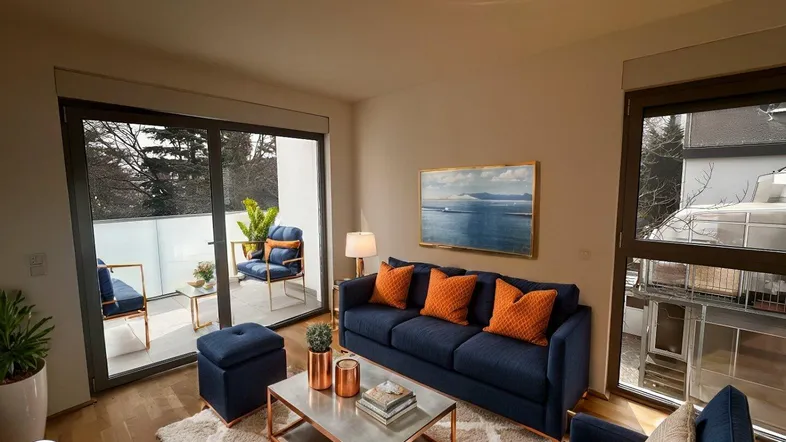 Helles Wohnzimmer mit modernem Sofa, Holzboden und direktem Zugang zu einem möblierten Balkon.