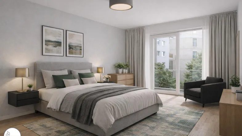 Helles Schlafzimmer mit großem Bett, Balkonzugang und Blick ins Grüne, modern eingerichtet.