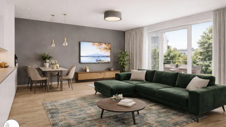 Heller, offener Wohn- und Essbereich mit modernem Design, grüner Couch und großen Fenstern.