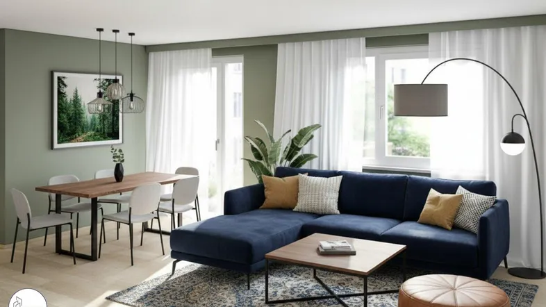 Modernes Wohn-Esszimmer mit dunkelblauem Ecksofa, Holztisch und großen Fenstern für viel Tageslicht.