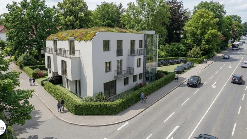 Moderne Wohnanlage mit begrüntem Dach, Balkonen und umliegender Straße.
