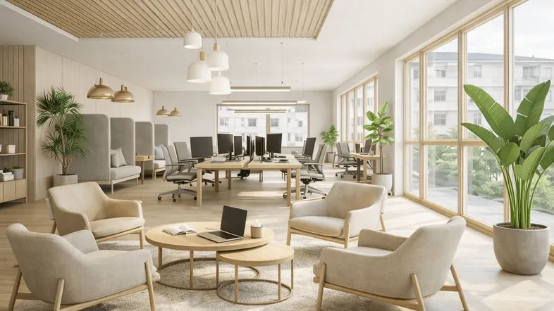 Modernes Großraumbüro mit verschiedenen Arbeitsbereichen, großen Fenstern und viel natürlichem Licht.