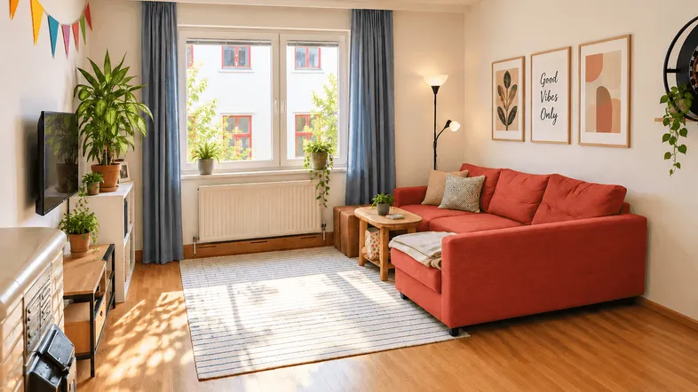 Helles Wohnzimmer mit rotem Sofa, Holzboden und Blick auf die umliegenden Gebäude.