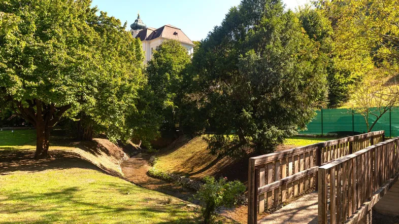 Malerischer Gartenbereich mit einem kleinen Bach, einer Holzbrücke und üppiger Vegetation.