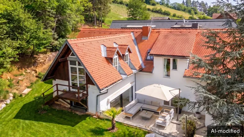 Idyllisches Einfamilienhaus mit rotem Ziegeldach, großer Terrasse und gepflegtem Gartenbereich.
