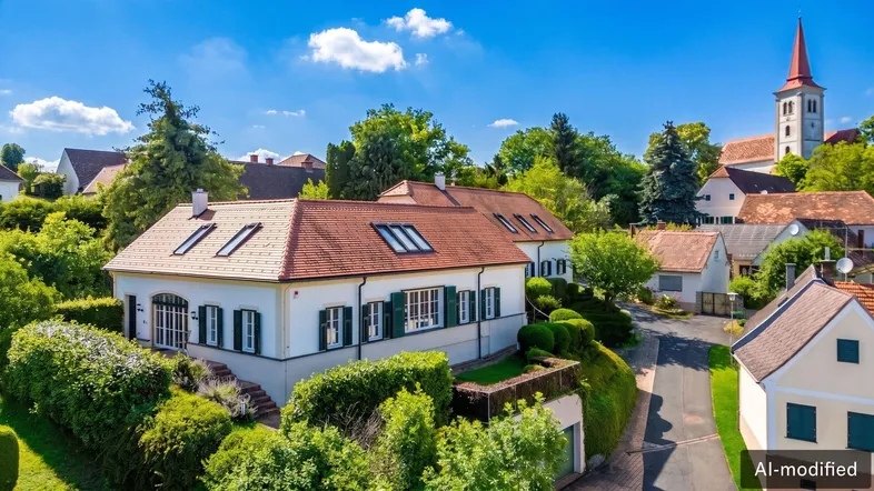 Historisches Gebäude mit rotem Ziegeldach und grünen Fensterläden in einer ländlichen Umgebung.