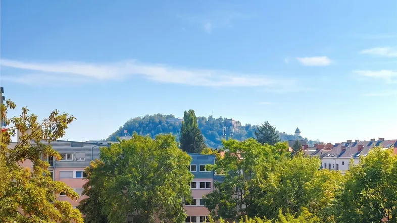 Weitblick über die Stadt mit grünen Bäumen und einem Hügel im Hintergrund unter blauem Himmel.