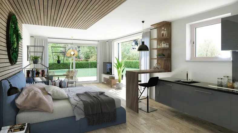 Helles Studio-Apartment mit integrierter Küchenzeile, Schlafbereich und Zugang zum Garten.