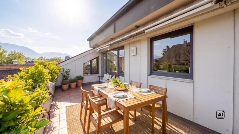 Sonnige Dachterrasse mit Esstisch und Pflanzen, ideal für Mahlzeiten im Freien mit Bergblick.