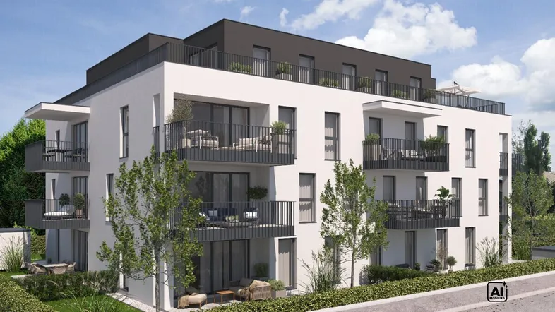 Moderne Wohnanlage mit weißer Fassade, Balkonen und Terrassen in grüner Umgebung.