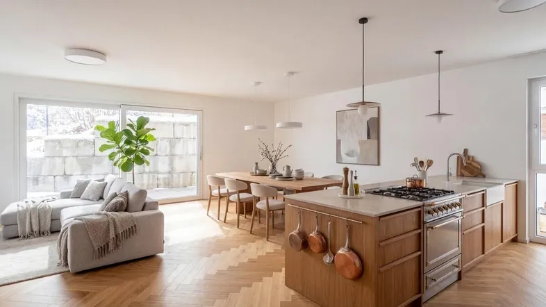 Heller, offener Wohn- und Essbereich mit moderner Küche, Holzboden und Zugang zur Terrasse.