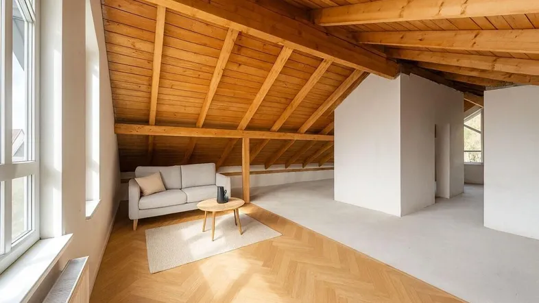 Helles Wohnzimmer im Dachgeschoss mit sichtbaren Holzbalken und modernem Parkettboden.