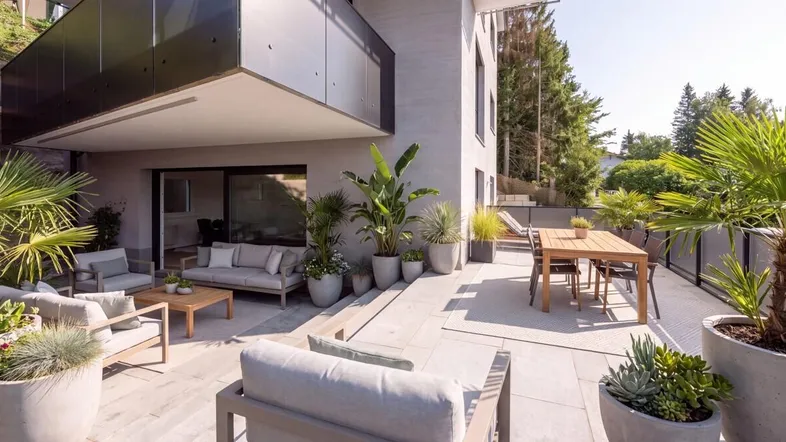 Großzügige Sonnenterrasse mit modernen Lounge-Möbeln, Esstisch und vielen Pflanzen, ideal zum Entspannen.