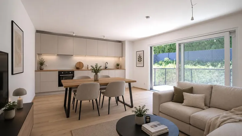 Moderner offener Wohn-Essbereich mit integrierter Küche, Holzboden und Zugang zum Balkon.