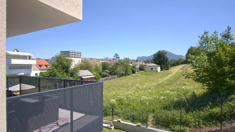 Blick von einem modernen Balkon mit Metallgeländer auf eine grüne Wiese und ferne Berge.