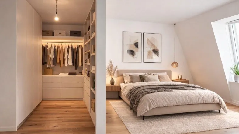 Modernes Schlafzimmer mit hellem Holzboden, begehbarem Kleiderschrank und schräger Decke mit Fenster.